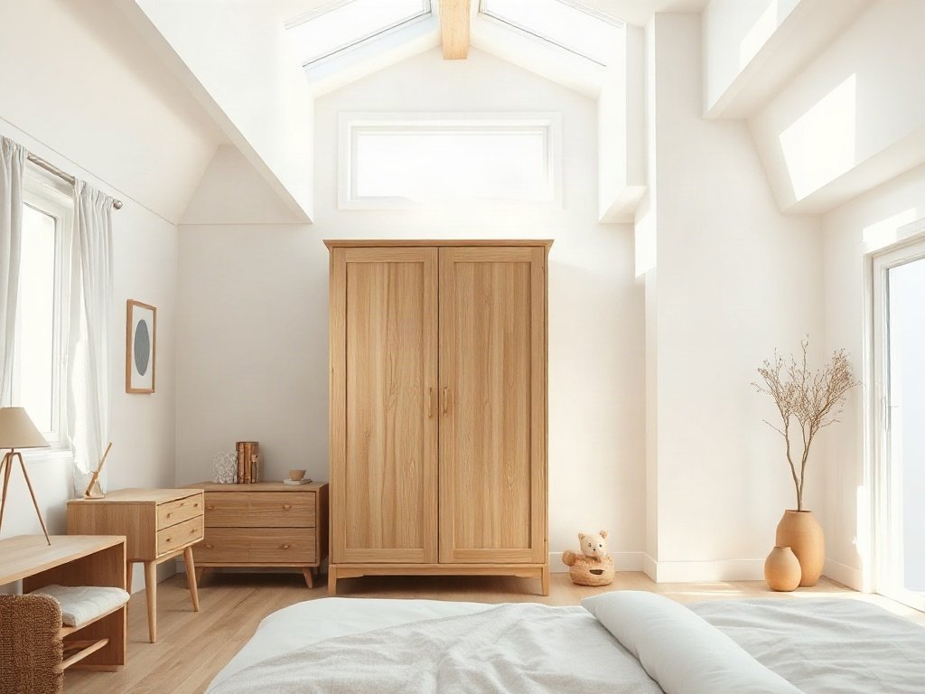 Tủ quần áo gỗ trong phòng nhỏ gọn và sáng